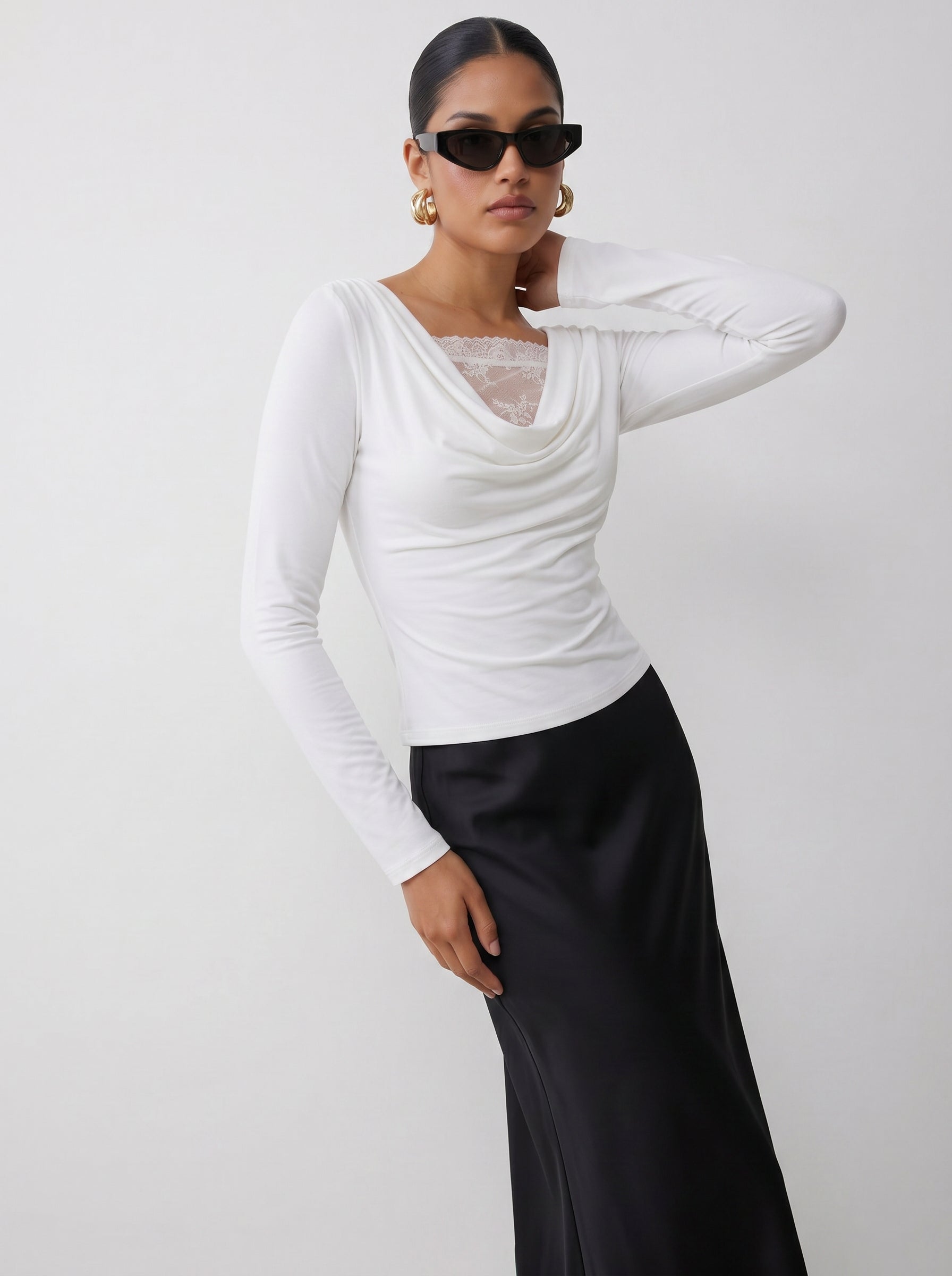 Elegant Lace Trim Cowl Neck T-shirt