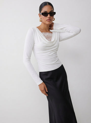 Elegant Lace Trim Cowl Neck T-shirt