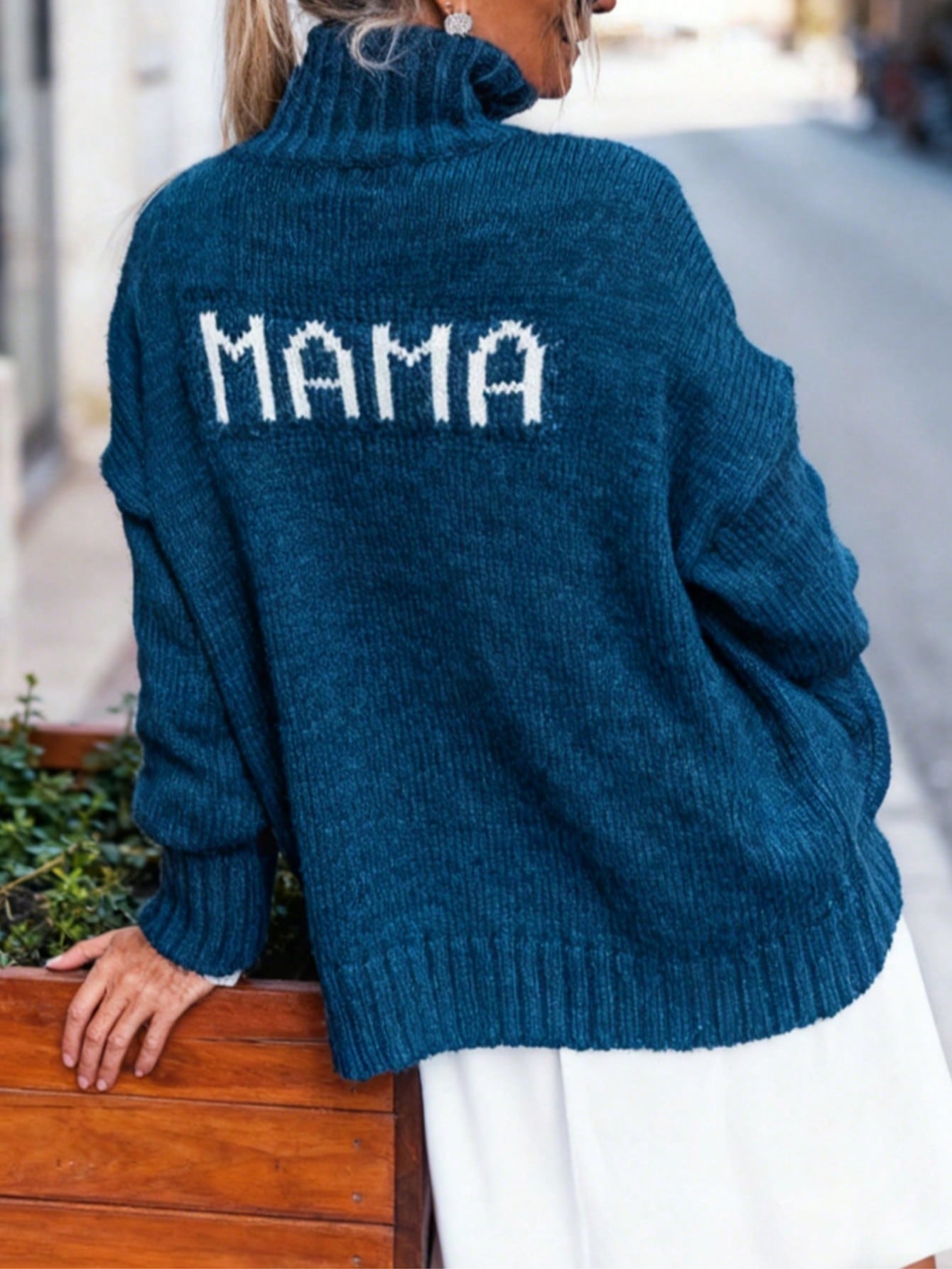 Graphic Mock Neck Layered Knit Sweater