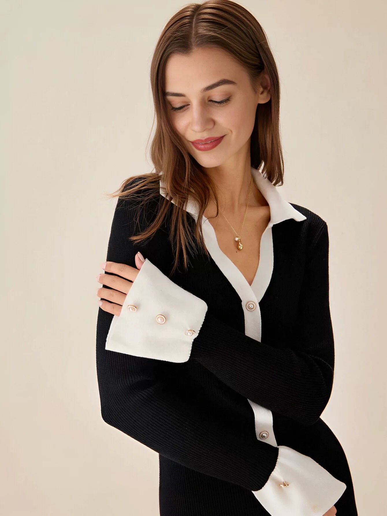 Contrast Button Down Knit Mini Dress