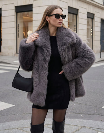 Luxurious Grey Faux Fur Coat