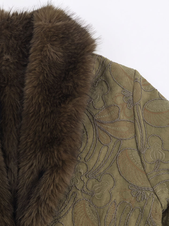 Embroidered Faux Fur Trim Coat