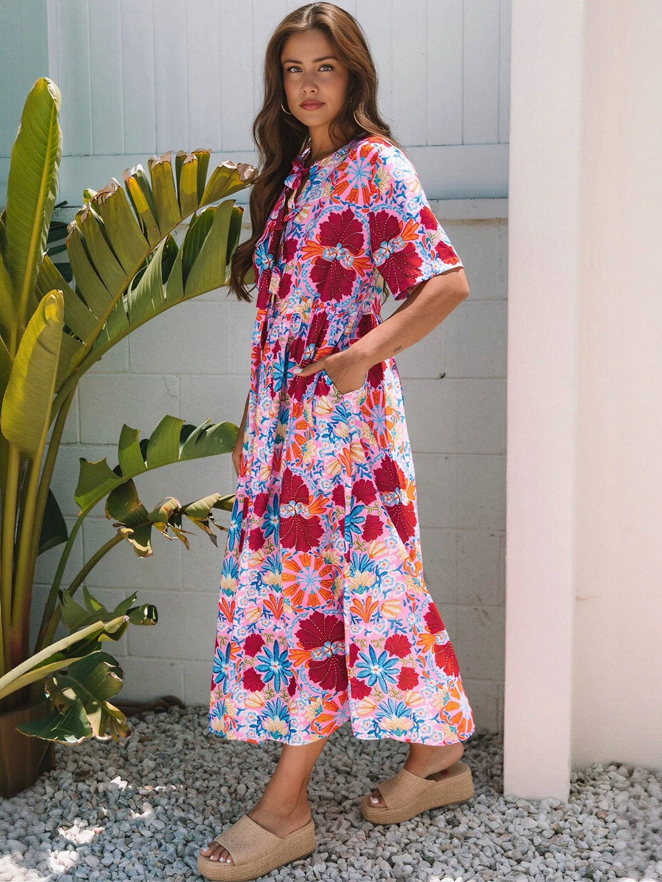 Tie Neck Pocket Detail Midi Dress