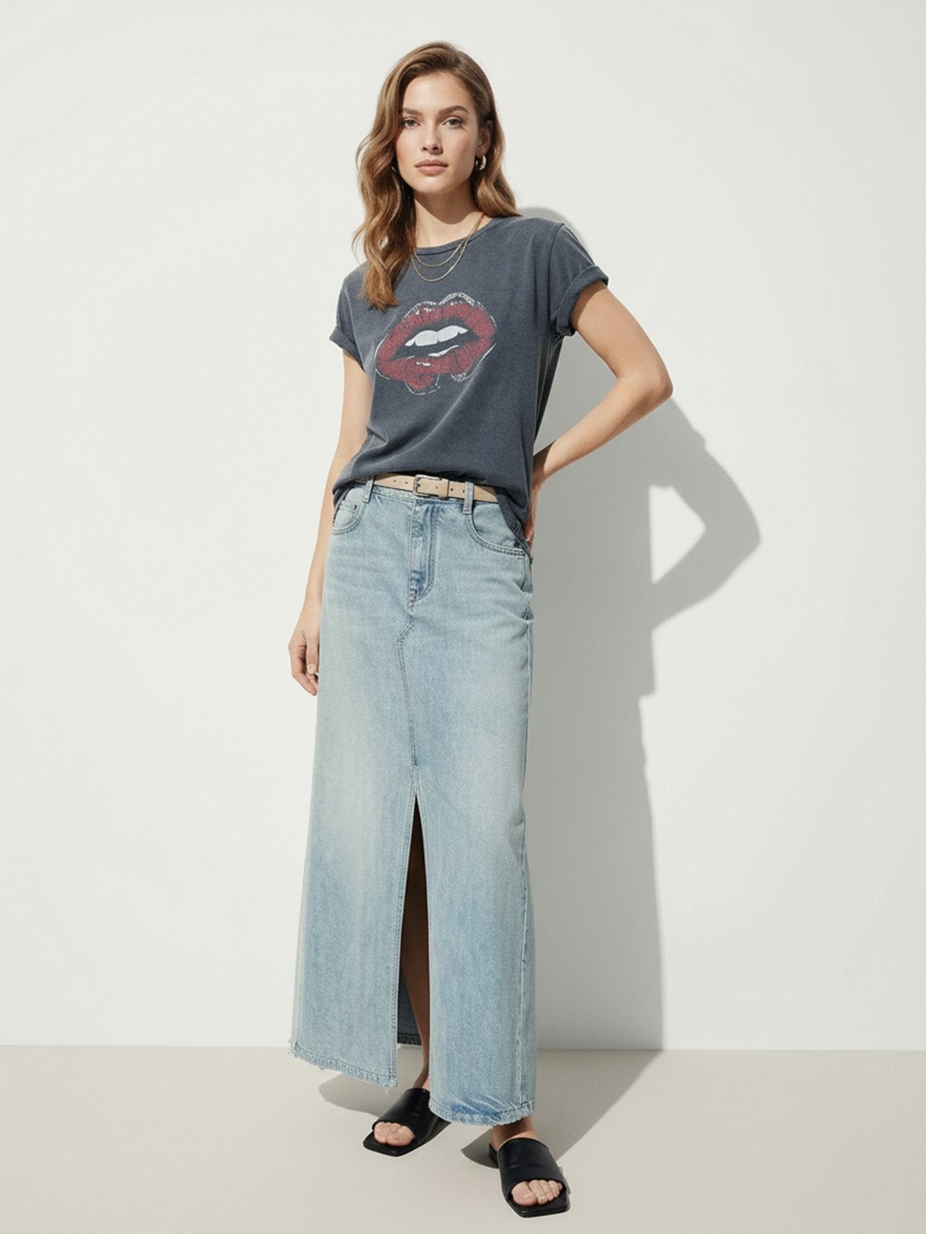 Paneled Detail Maxi Denim Skirt