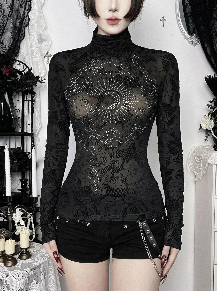 Sheer Rhinestone Mock Neck Lace Tee