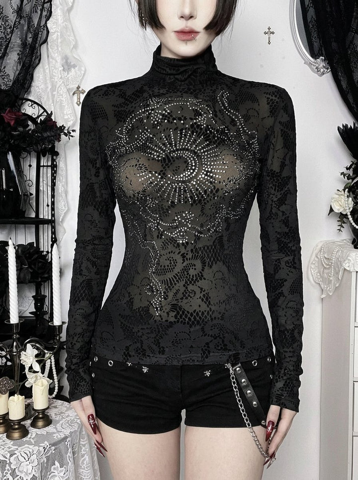 Sheer Rhinestone Mock Neck Lace Tee