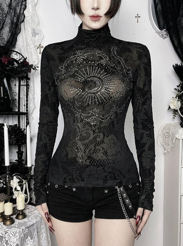 Sheer Rhinestone Mock Neck Lace Tee