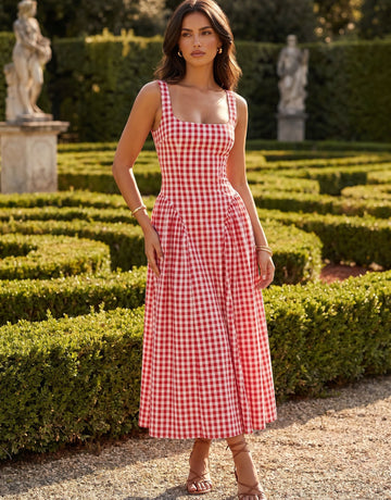 Gingham Square Neck Midi Dress