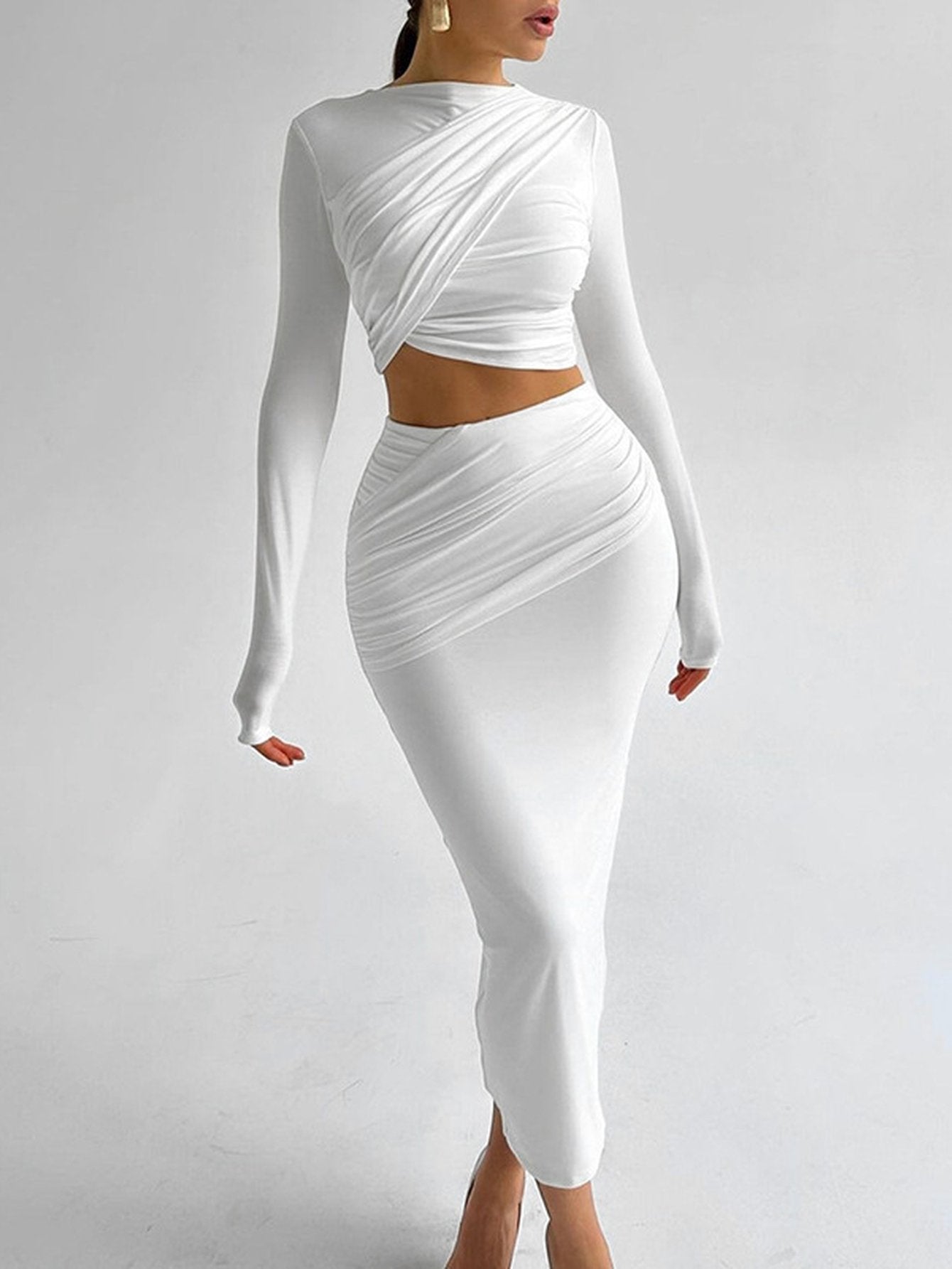 Elegant Ruched Crop Top Skirt Set
