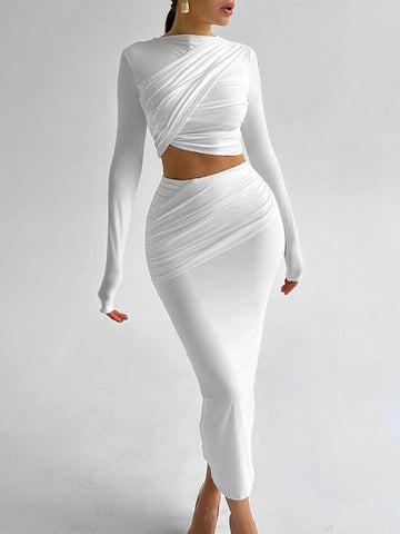 Elegant Ruched Crop Top Skirt Set