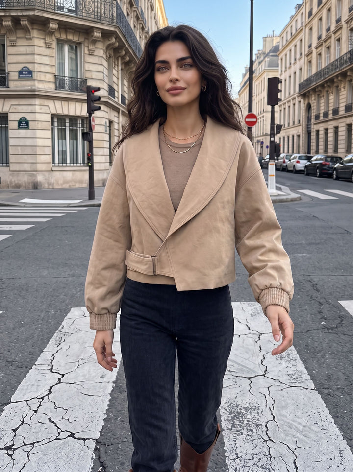 Oversized Collar Belted Cropped Jacket