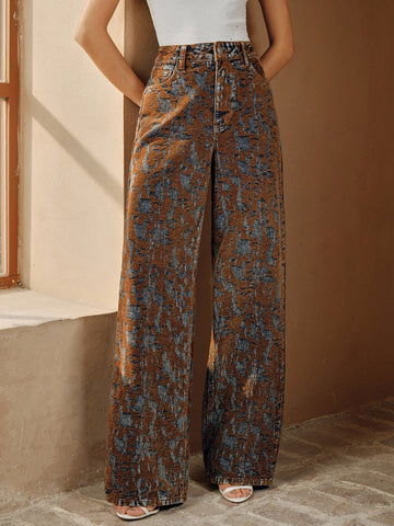 High Waisted Distressed Pattern Jeans