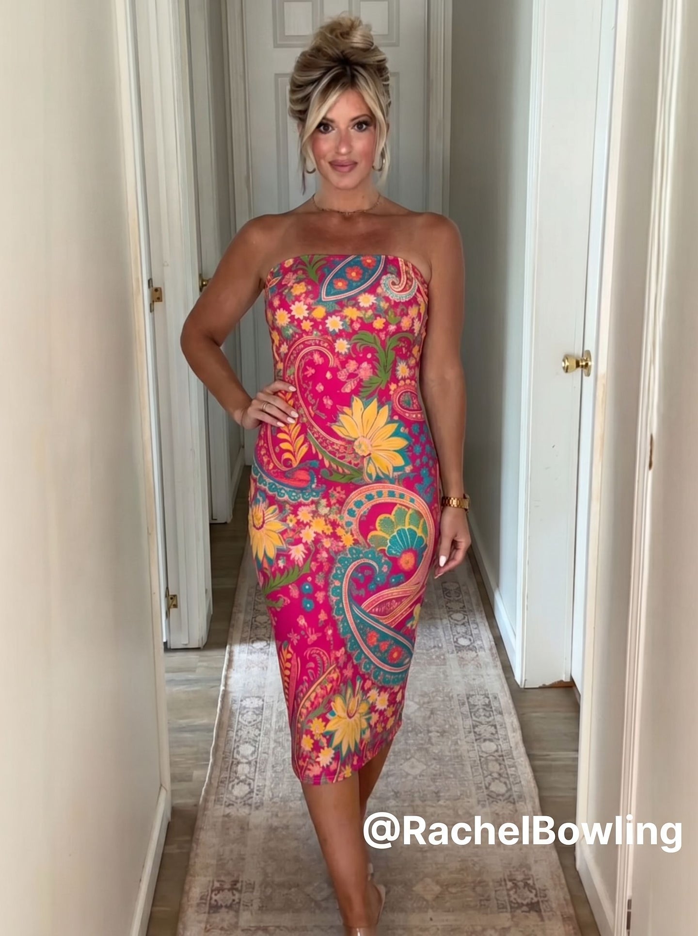 MAIA Vibrant Floral Paisley Print Strapless Sheath Midi Dress