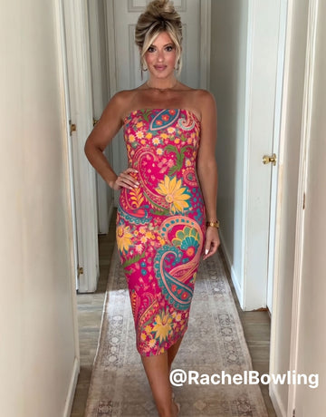 MAIA Vibrant Floral Paisley Print Strapless Sheath Midi Dress
