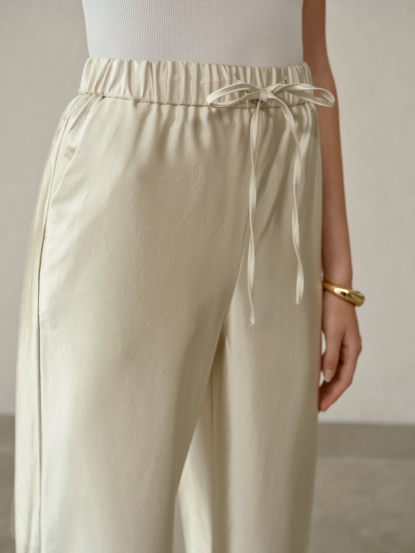 Satin Drawstring High Waisted Wide Pants