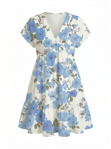 EVA Floral Print V Neck Tiered Babydoll Mini Dress