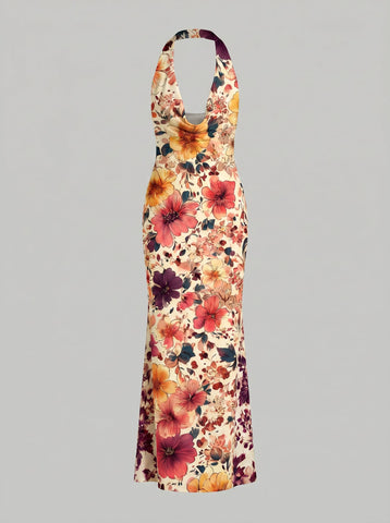 LILA Floral Print Cowl Neck Bodycon Midi Dress