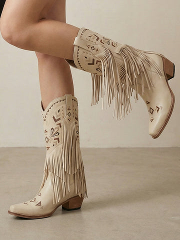 Fringed Pointed-Toe Embroidered Vintage Cowboy Boots