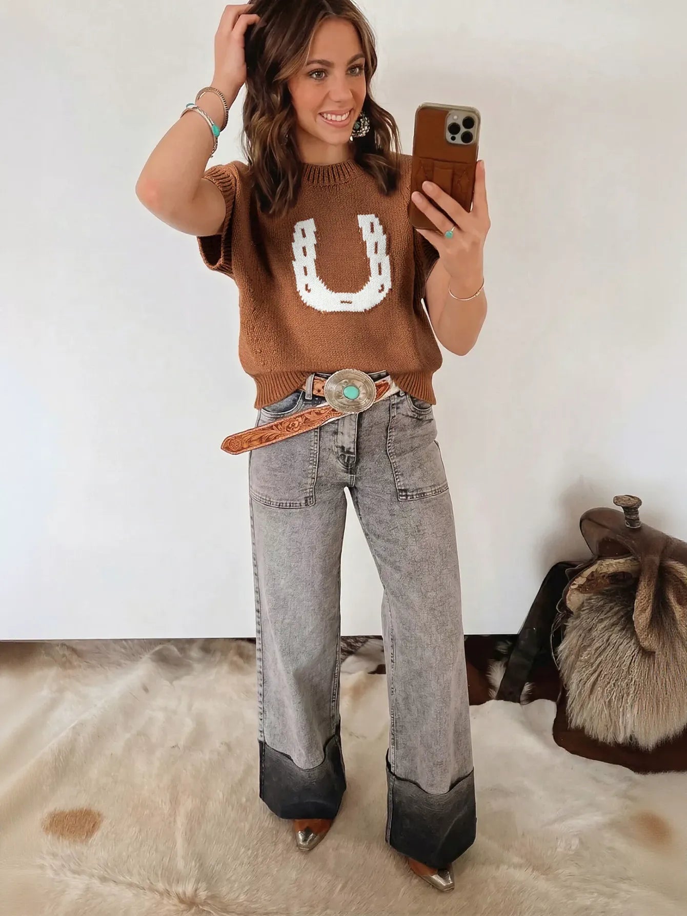 Western Graphic Short Sleeve Knit Sweater