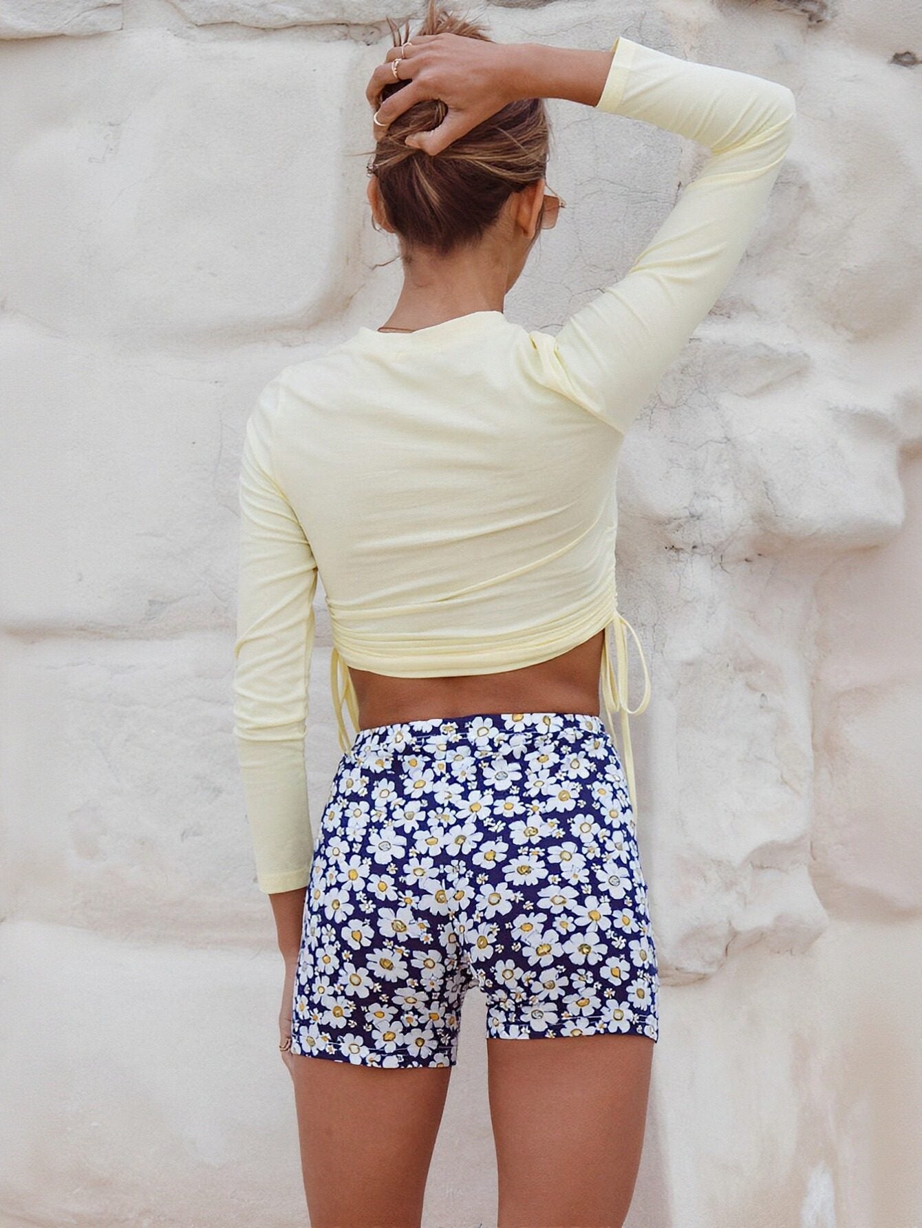Floral High-Stretch High-Waisted Yoga Shorts-Blue