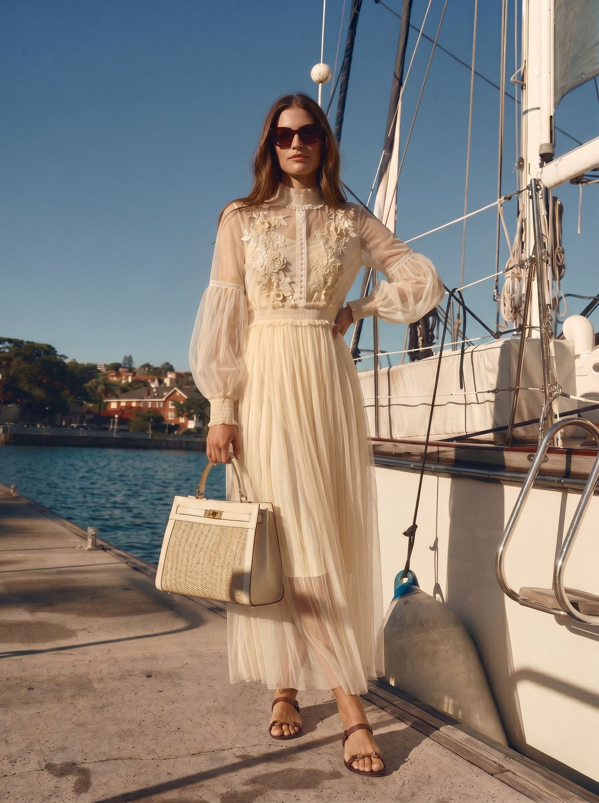 Sheer Embroidered Pleated Maxi Dress