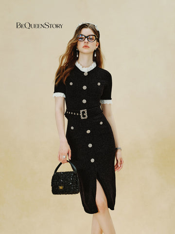 Elegant Tweed Belted Midi Dress