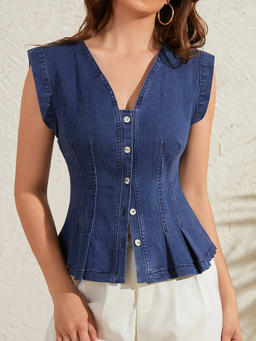 V Neck Fitted Peplum Denim Vest