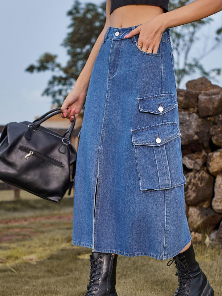 High Slit Cargo Denim Skirt