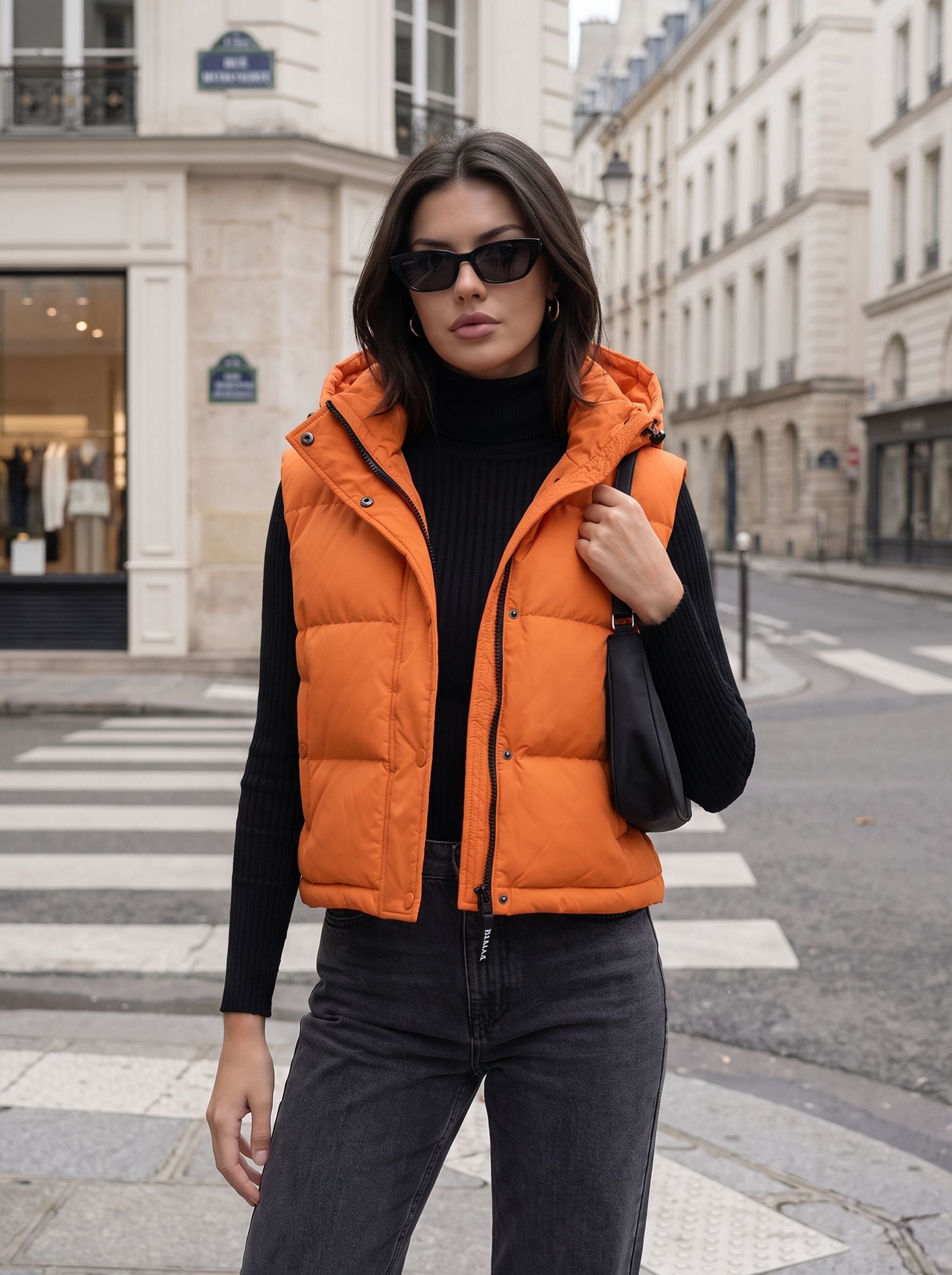 Cropped Hooded Puffer Vest Orange