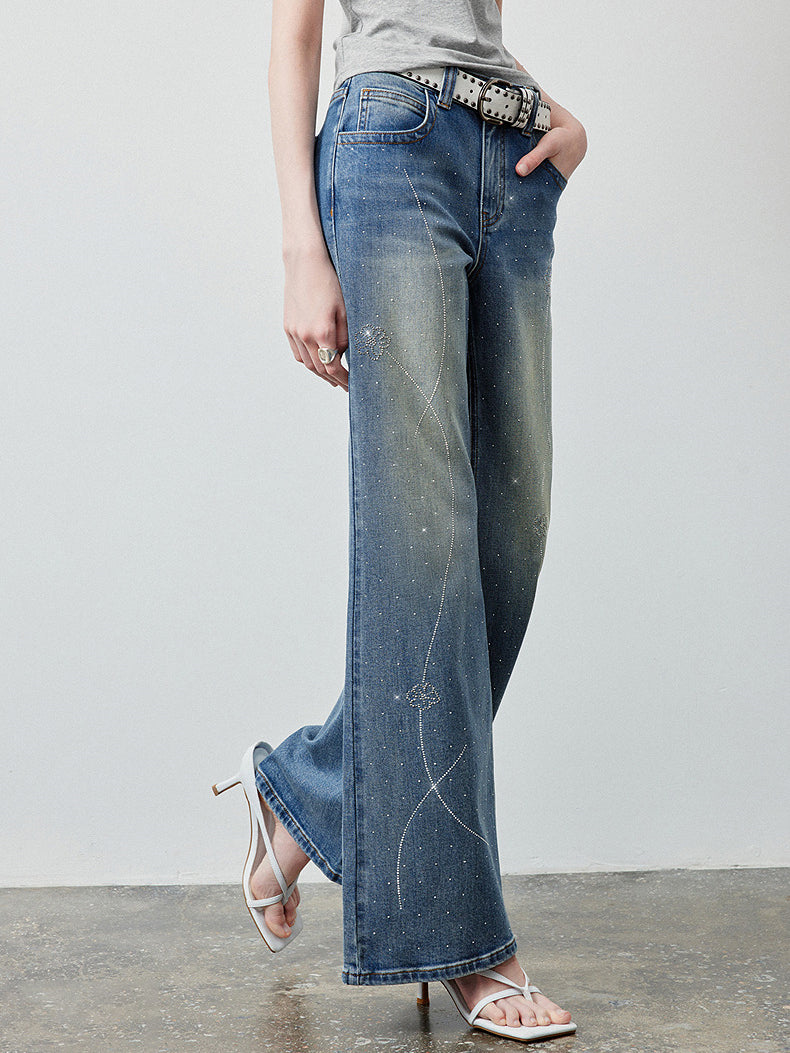 Sparkly Rhinestone Embellished Wide Leg Jeans