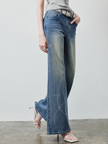Sparkly Rhinestone Embellished Wide Leg Jeans
