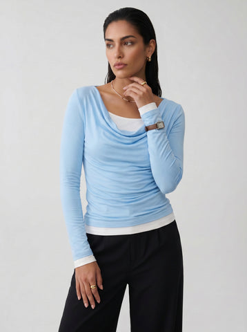 Layered Cowl Neck Long Sleeve T-shirt