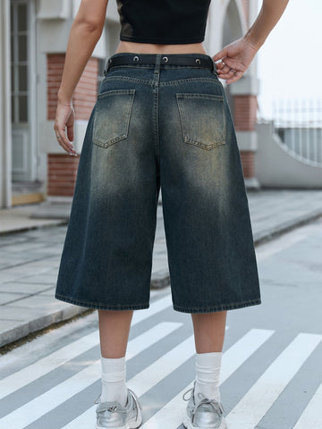 Vintage Wash Wide Leg Denim Shorts