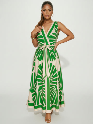 V Neck Printed Bohemian Maxi Dress