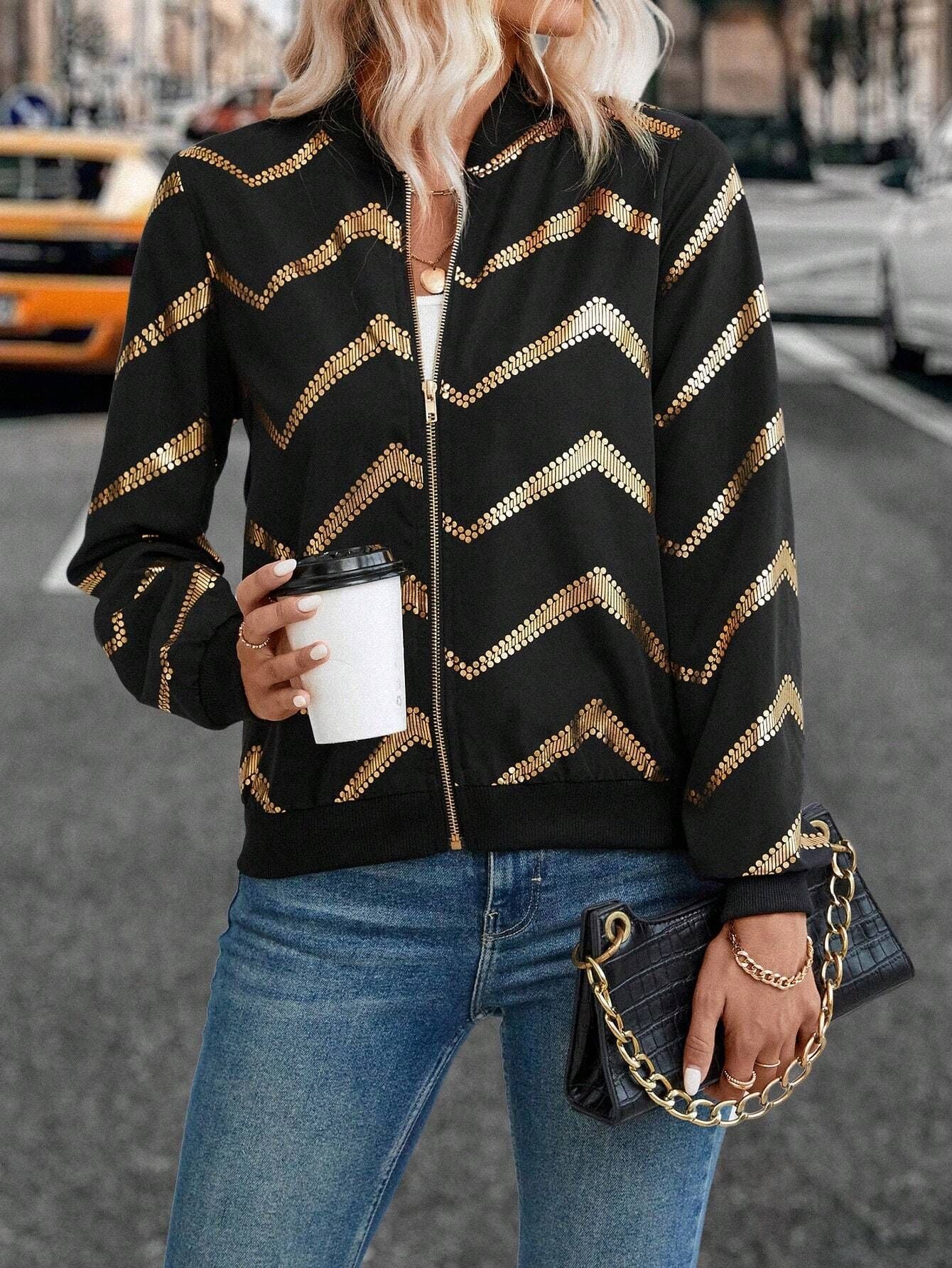 Sequin Chevron Pattern Zip Bomber Jacket