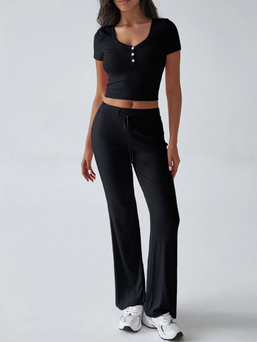 Short Sleeve Top High-Waisted Wide-Leg Pants Casual Set