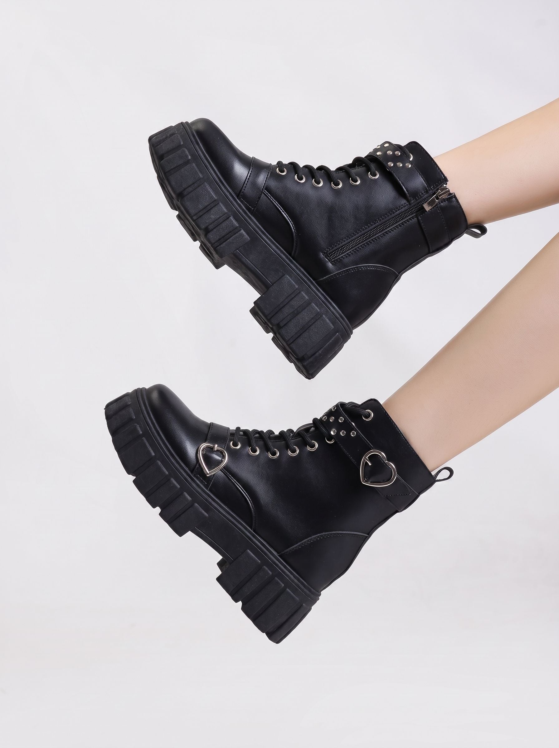 Studded Heart Platform Combat Boots