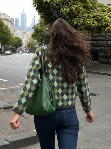Cozy Argyle Pattern Knit Cardigan