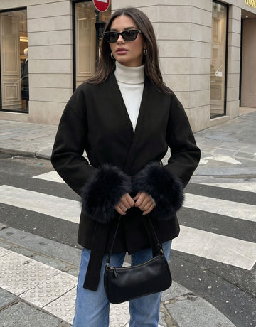Faux Fur Cuff Belted Coat