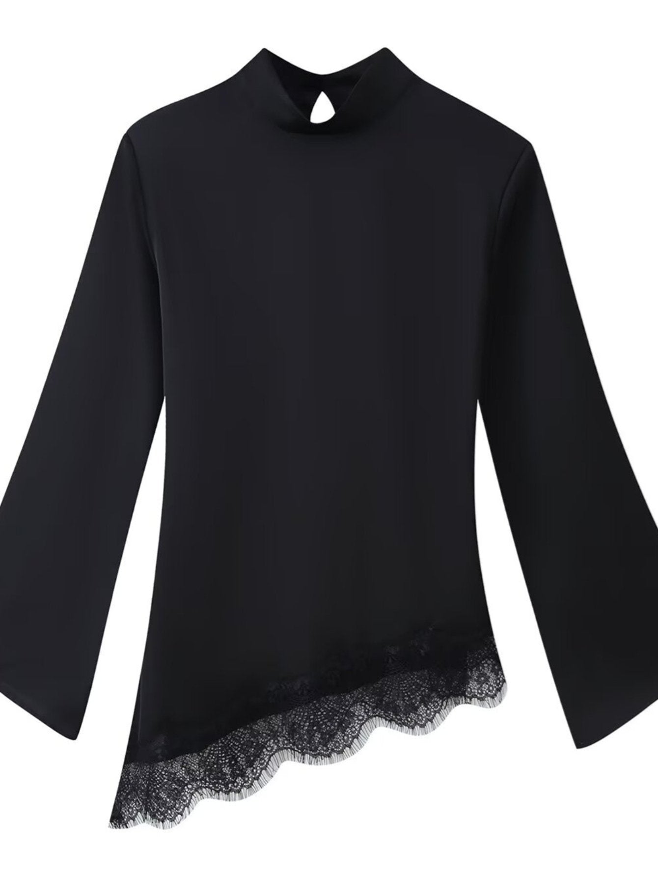 Asymmetric Lace Trim Mock Neck Top