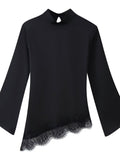 Asymmetric Lace Trim Mock Neck Top