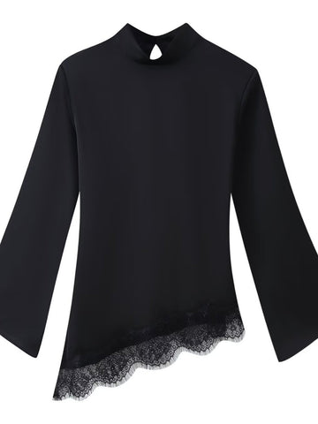Asymmetric Lace Trim Mock Neck Top
