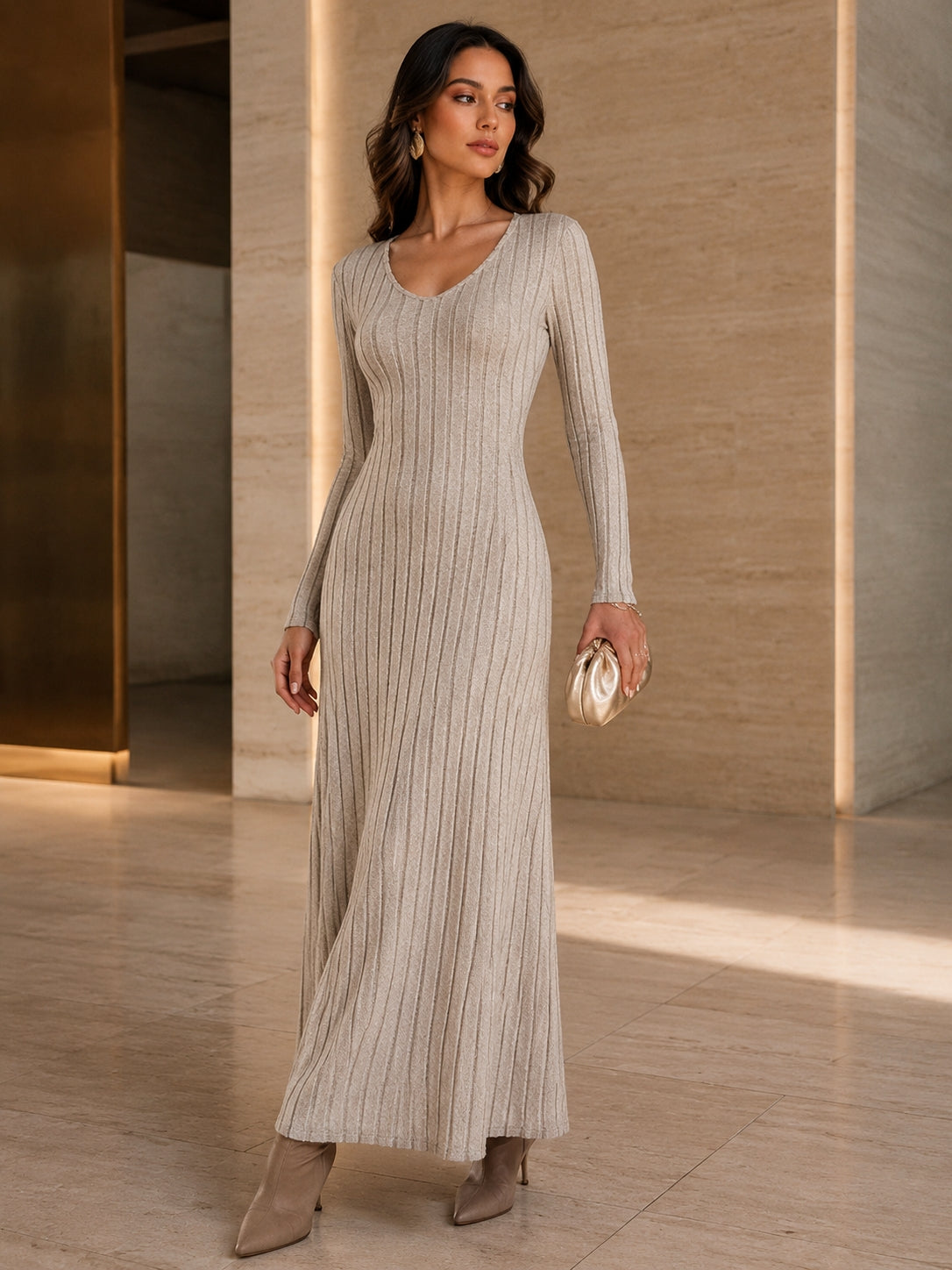 Ribbed Fitted Long Sleeve Maxi Dress
