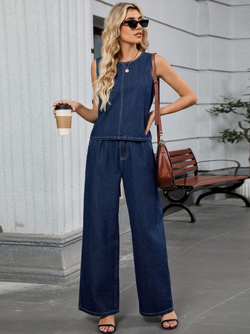 Sleeveless Denim Wide Leg Pant Set