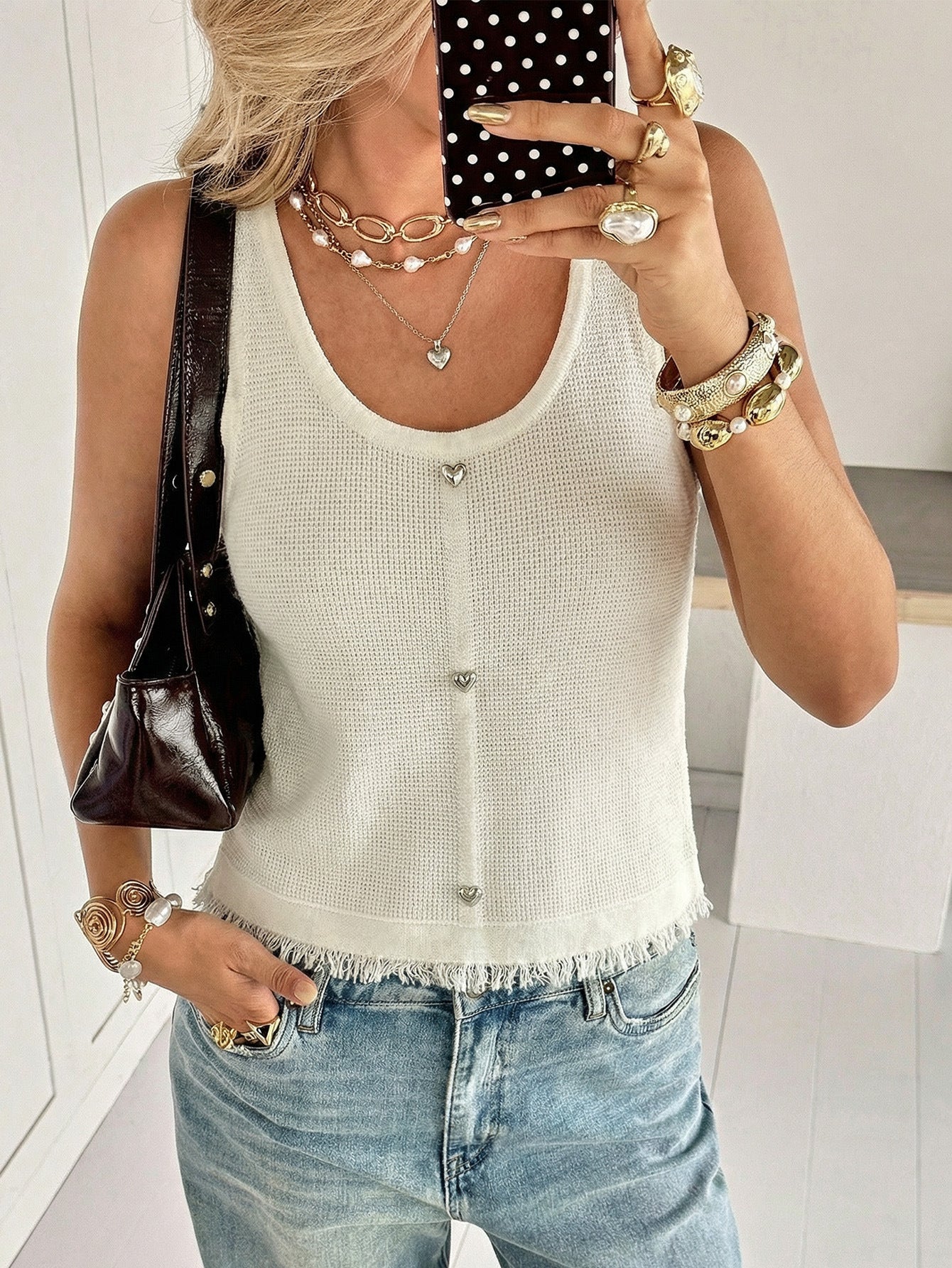 Textured Heart Button Knit Tank Top