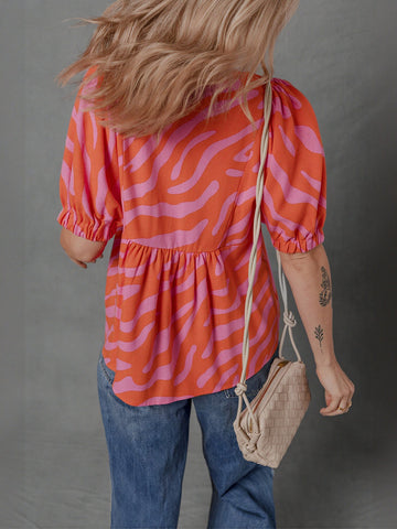 Vibrant Print Puff Sleeve Chiffon Blouse