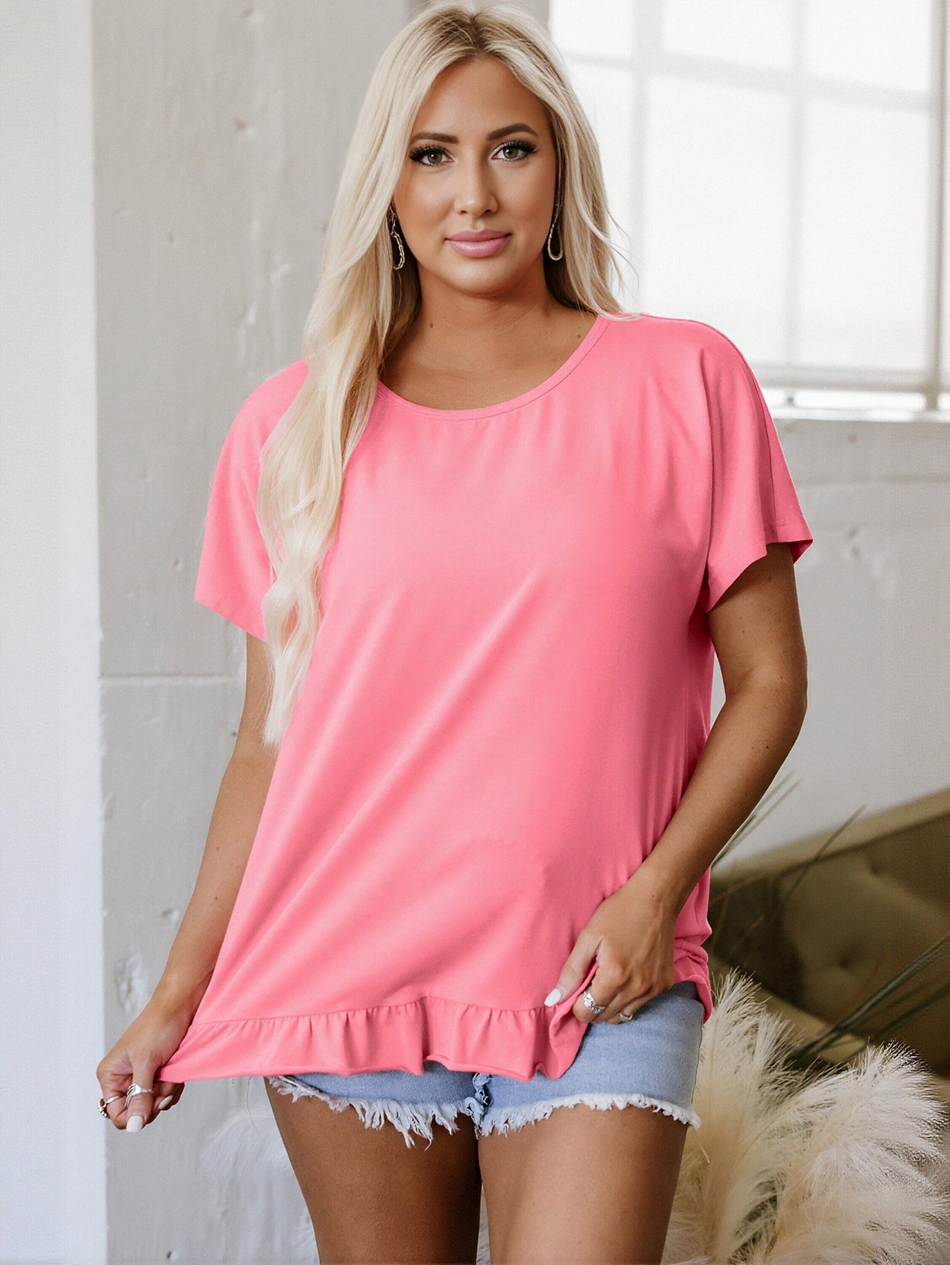 Pink Ruffled Hem T-Shirt