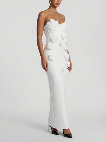 Corset Bodice Floral Slim-Fit Maxi Evening Dress-White
