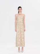 Strapless Floral Lace Belted Maxi Dress