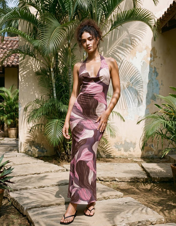 LILA Floral Print Cowl Neck Bodycon Midi Dress